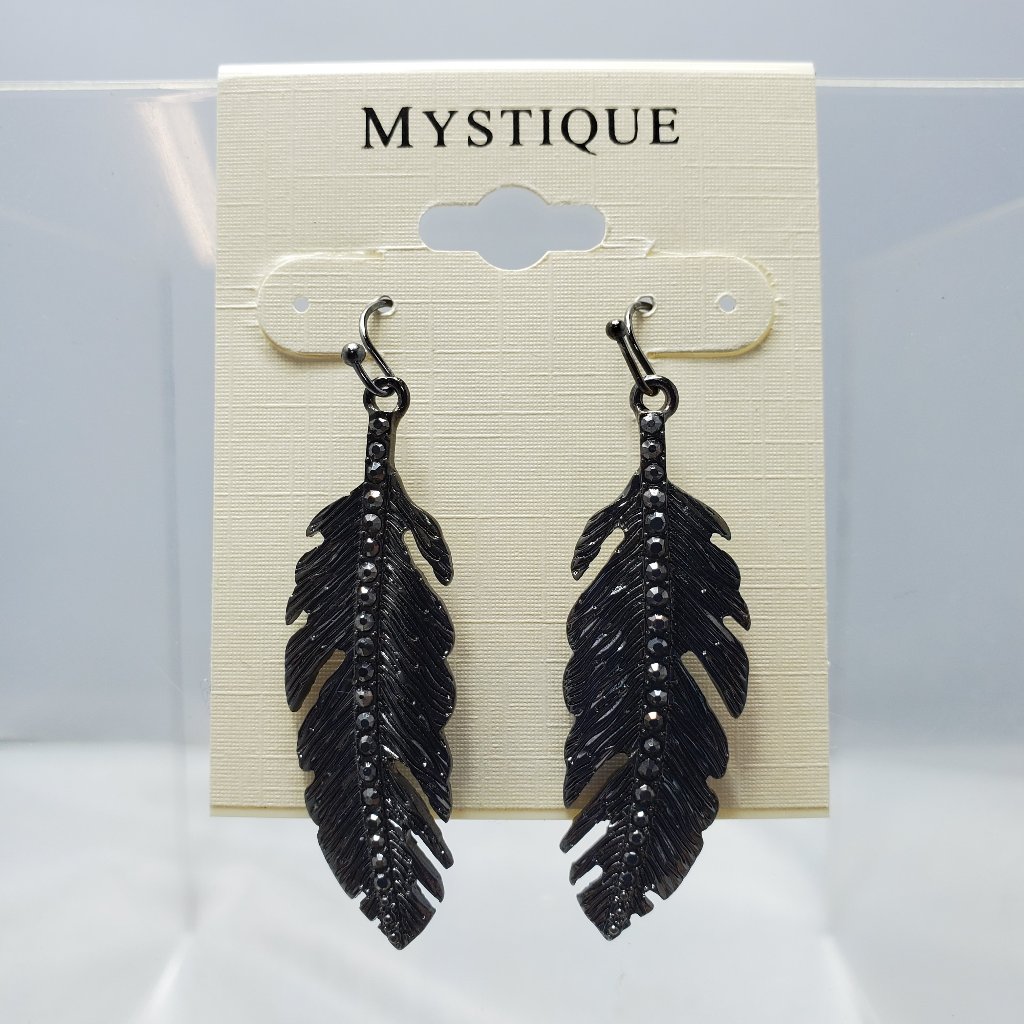 Mystique Antique Silver Metal Feather Shape Earring With Black Stones
